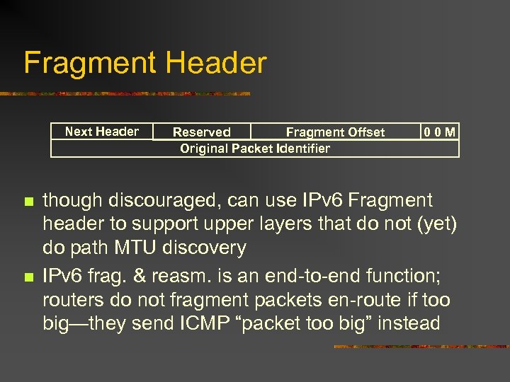 Fragment Header Next Header n n Reserved Fragment Offset Original Packet Identifier 00 M
