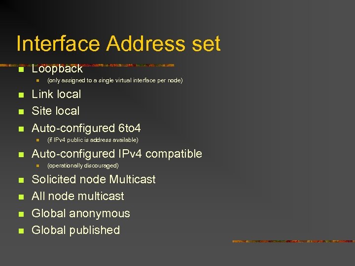 Interface Address set n Loopback n n Link local Site local Auto-configured 6 to