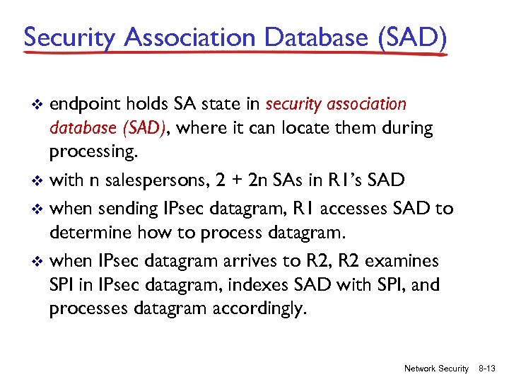 Security Association Database (SAD) endpoint holds SA state in security association database (SAD), where