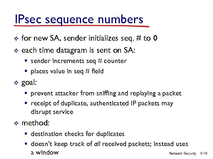 IPsec sequence numbers v v for new SA, sender initializes seq. # to 0