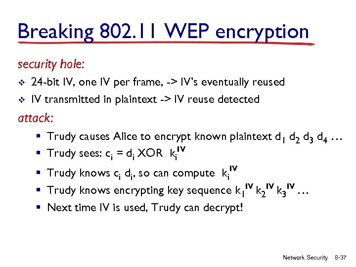 Breaking 802. 11 WEP encryption security hole: v v 24 -bit IV, one IV