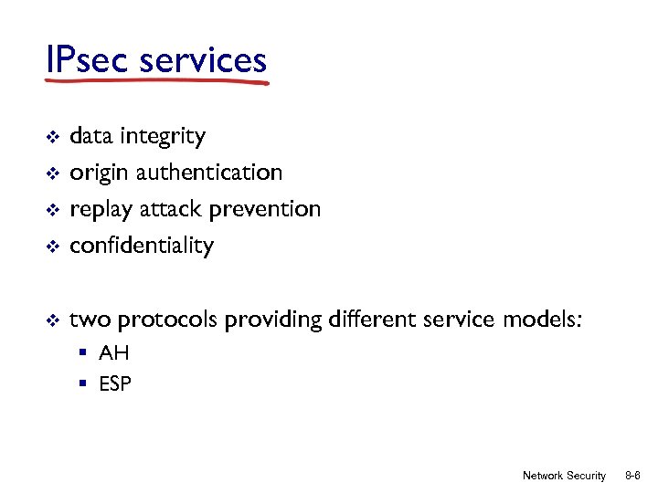 IPsec services v data integrity origin authentication replay attack prevention confidentiality v two protocols