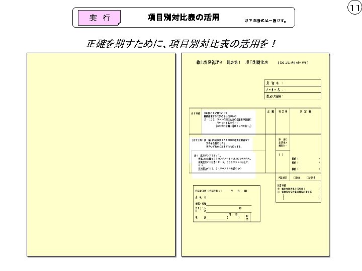 １１ 実　行 項目別対比表の活用 以下の様式は一例です。 正確を期すために、項目別対比表の活用を！ 