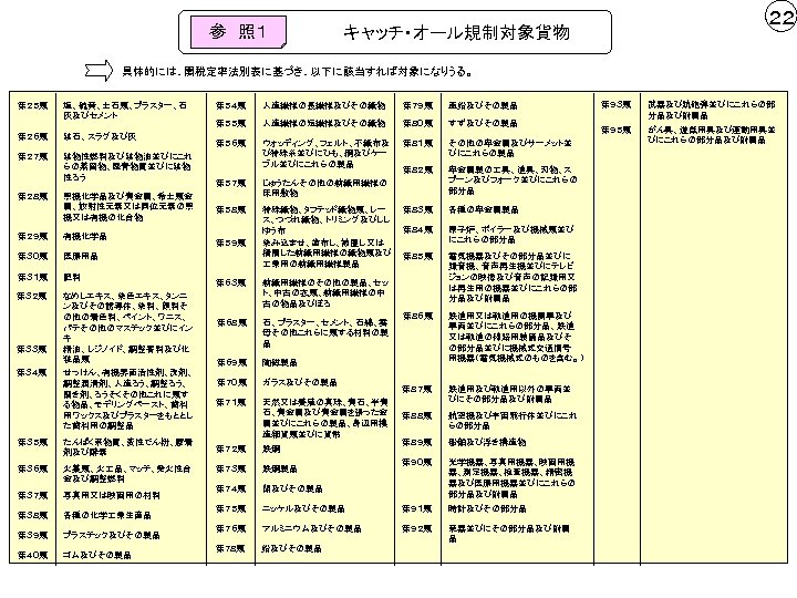 参　照１ ２２ キャッチ・オール規制対象貨物 具体的には、関税定率法別表に基づき、以下に該当すれば対象になりうる。 第２５類 塩、硫黄、土石類、プラスター、石 灰及びセメント 第２６類 鉱石、スラグ及び灰 第２７類 鉱物性燃料及び鉱物油並びにこれ らの蒸留物、歴青物質並びに鉱物 性ろう 第２８類