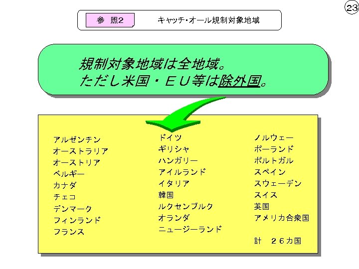 ２３ 参　照２ キャッチ・オール規制対象地域は全地域。 ただし米国・ＥＵ等は除外国。 アルゼンチン オーストラリア オーストリア ベルギー カナダ チェコ デンマーク フィンランド フランス ドイツ