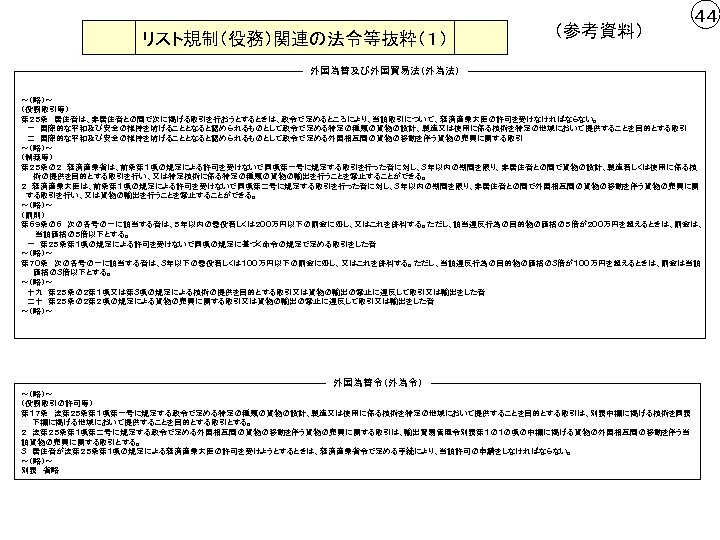 リスト規制（役務）関連の法令等抜粋（１） （参考資料） ４４ 外国為替及び外国貿易法（外為法） ～（略）～ （役務取引等） 第２５条　居住者は、非居住者との間で次に掲げる取引を行おうとするときは、政令で定めるところにより、当該取引について、経済産業大臣の許可を受けなければならない。 　一　国際的な平和及び安全の維持を妨げることとなると認められるものとして政令で定める特定の種類の貨物の設計、製造又は使用に係る技術を特定の地域において提供することを目的とする取引 　二　国際的な平和及び安全の維持を妨げることとなると認められるものとして政令で定める外国相互間の貨物の移動を伴う貨物の売買に関する取引 ～（略）～ （制裁等） 第２５条の２　経済産業省は、前条第１項の規定による許可を受けないで同項第一号に規定する取引を行った者に対し、３年以内の期間を限り、非居住者との間で貨物の設計、製造若しくは使用に係る技 術の提供を目的とする取引を行い、又は特定技術に係る特定の種類の貨物の輸出を行うことを禁止することができる。 ２　経済産業大臣は、前条第１項の規定による許可を受けないで同項第二号に規定する取引を行った者に対し、３年以内の期間を限り、非居住者との間で外国相互間の貨物の移動を伴う貨物の売買に関