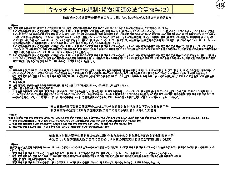 キャッチ・オール規制（貨物）関連の法令等抜粋（２） ４９ 輸出貨物が核兵器等の開発等のために用いられるおそれがある場合を定める省令 ～（略）～ 輸出貿易管理令第４条第１項第三号イの規定に基づき、輸出貨物が核兵器等の開発等のために用いられるおそれがある場合は、次に掲げるときとする。 一　その貨物の輸出に関する契約書若しくは輸出者が入手した文書、図画若しくは電磁的記録（電子的方式、磁気的方式その他の人の知覚によっては認識することができない方式で作られた記録を 　　　いう。以下これらを総称して単に「文書等」という。）において、当該貨物が核兵器、軍用の化学製剤若しくは細菌製剤若しくはこれらの散布のための装置若しくはこれらを運搬することができるロケ 　　　ット若しくは無人航空機であってペイロードを３００キロメートル以上運搬することができるもの（以下本則において「核兵器等」という。）の開発、製造、使用若しくは貯蔵（以下「開発等」という。）若し 　　　くは別表に掲げる行為のために用いられることとなる旨記載され、若しくは記録されているとき、又は輸出者が、当該貨物が核兵器等の開発等若しくは別表に掲げる行為のために用いられることと 　　　なる旨輸入者若しくは需要者若しくはこれらの代理人（以下「輸入者等」という。）から連絡を受けたとき。 二　その貨物の輸出に関する契約書若しくは輸出者が入手した文書等のうち経済産業大臣が告示で定めるものにおいて、当該貨物の需要者が核兵器等の開発等を行う旨記載され、若しくは記録され 　　　ているとき、又は輸出者が、当該貨物の需要者が核兵器等の開発等を行う旨輸入者等から連絡を受けたとき（当該貨物の用途並びに取引の条件及び態様から、当該貨物が核兵器等の開発等及び 　　　別表に掲げる行為以外のために用いられることが明らかなときを除く。）。 三　その貨物の輸出に関する契約書若しくは輸出者が入手した文書等のうち経済産業大臣が告示で定めるものにおいて、当該貨物の需要者が核兵器等の開発等を行った旨記載され、若しくは記録さ