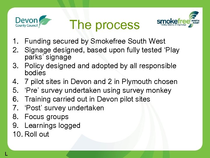 The process 1. Funding secured by Smokefree South West 2. Signage designed, based upon