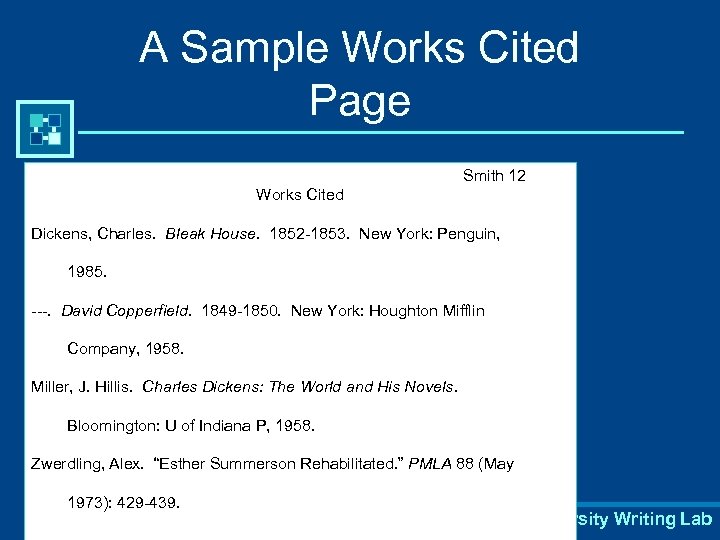 A Sample Works Cited Page Smith 12 Works Cited Dickens, Charles. Bleak House. 1852