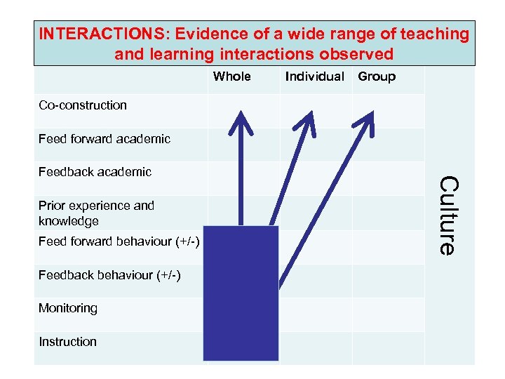 INTERACTIONS: Evidence of a wide range of teaching and learning interactions observed Whole Individual