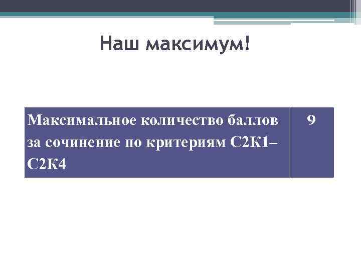 Наш максимум! Максимальное количество баллов за сочинение по критериям С 2 К 1– С
