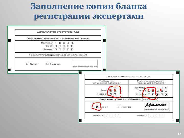 Заполнение копии бланка регистрации экспертами х х х х Афанасьева 12 