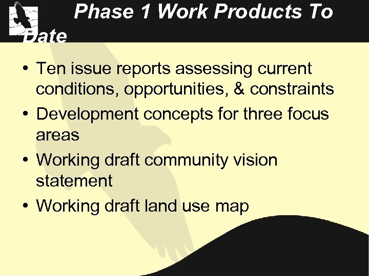 Phase 1 Work Products To Date • Ten issue reports assessing current conditions, opportunities,