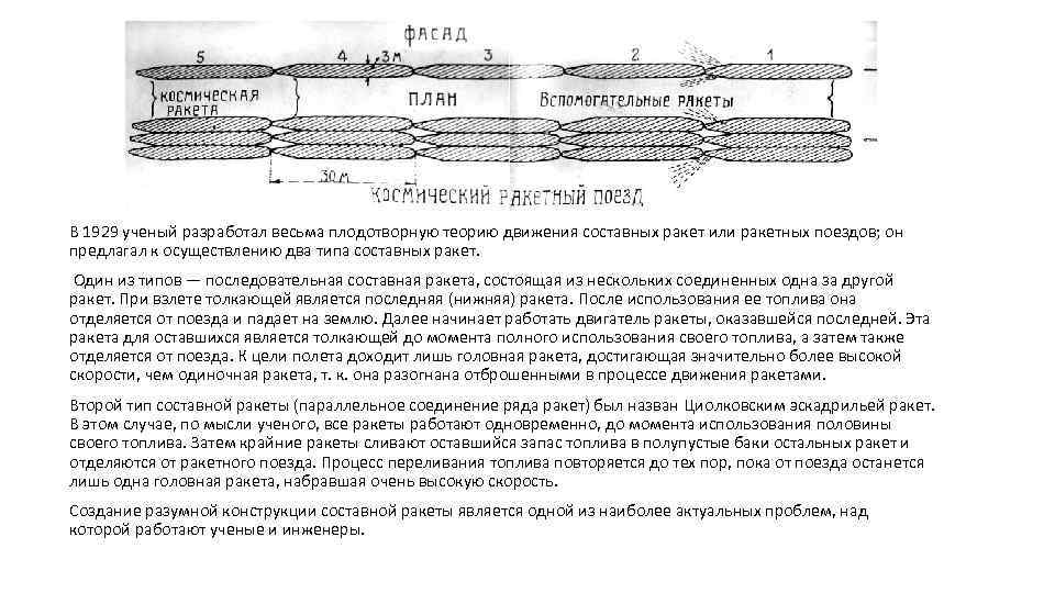 В 1929 ученый разработал весьма плодотворную теорию движения составных ракет или ракетных поездов; он