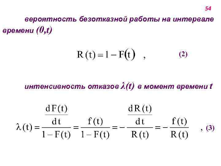 54 вероятность безотказной работы на интервале времени (0, t) (2) интенсивность отказов λ(t) в