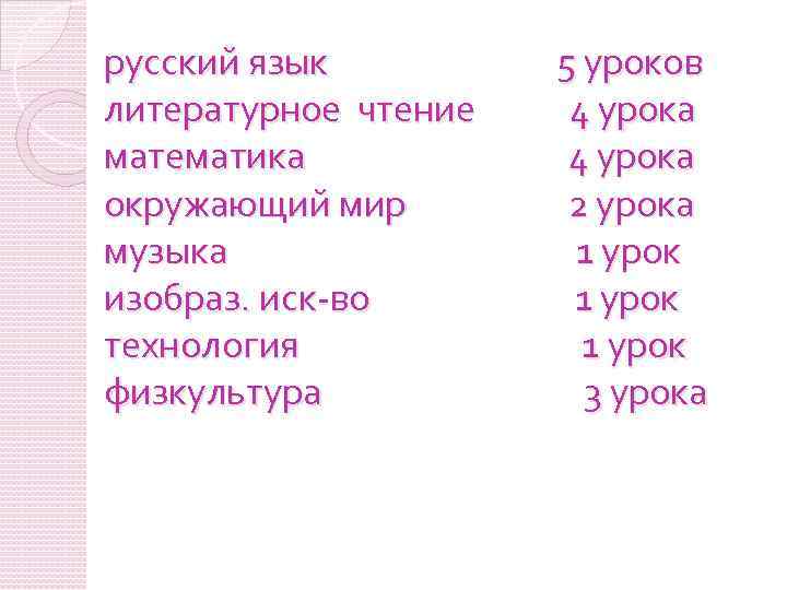 русский язык литературное чтение математика окружающий мир музыка изобраз. иск-во технология физкультура 5 уроков