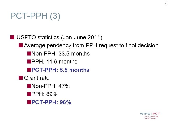 29 PCT-PPH (3) USPTO statistics (Jan-June 2011) Average pendency from PPH request to final