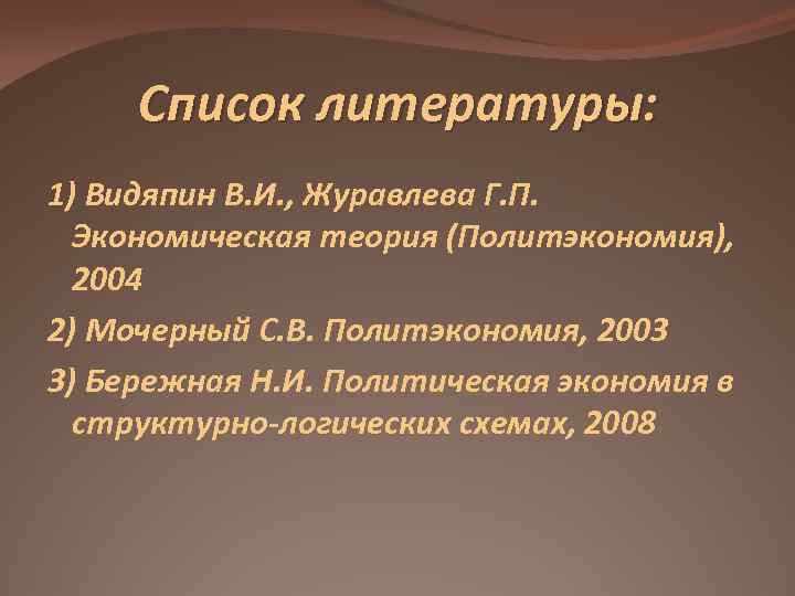 Список литературы: 1) Видяпин В. И. , Журавлева Г. П. Экономическая теория (Политэкономия), 2004