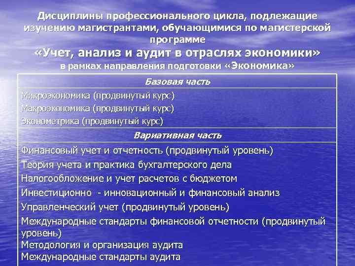 Дисциплины профессионального цикла, подлежащие изучению магистрантами, обучающимися по магистерской программе «Учет, анализ и аудит