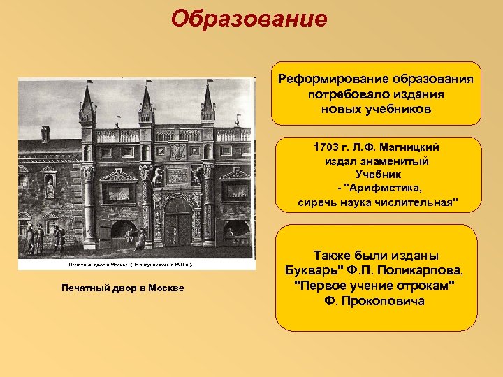 Образование Реформирование образования потребовало издания новых учебников 1703 г. Л. Ф. Магницкий издал знаменитый