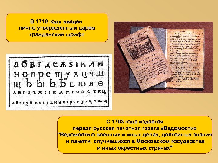 В 1710 году введен лично утвержденный царем гражданский шрифт С 1703 года издается первая