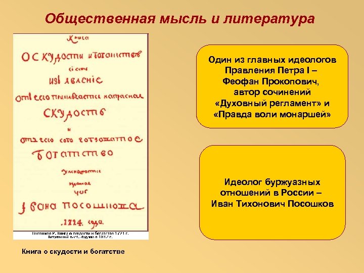 Общественная мысль и литература Один из главных идеологов Правления Петра I – Феофан Прокопович,