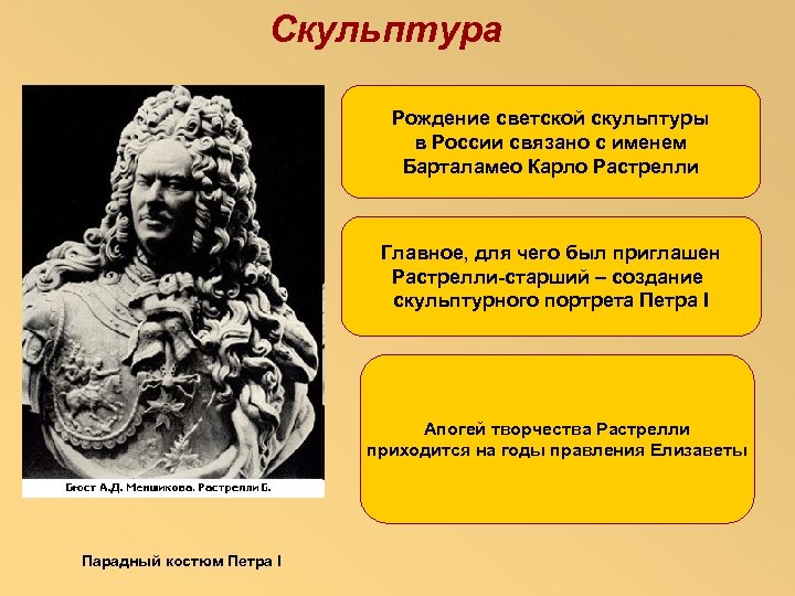 Скульптура Рождение светской скульптуры в России связано с именем Барталамео Карло Растрелли Главное, для