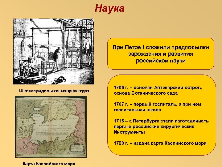 Наука При Петре I сложили предпосылки зарождения и развития российской науки Шелкопрядильная мануфактура 1706
