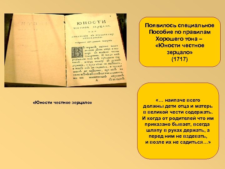 Появилось специальное Пособие по правилам Хорошего тона – «Юности честное зерцало» (1717) «Юности честное