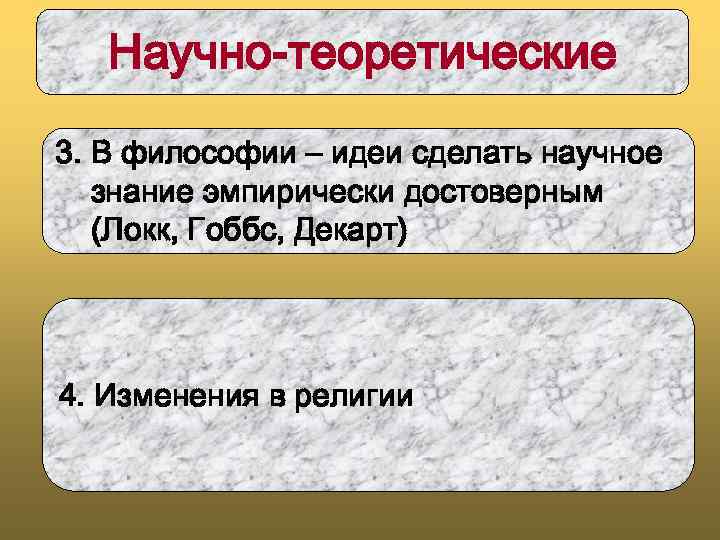 Научно-теоретические 3. В философии – идеи сделать научное 1. Необходимость пересмотра методов познания в