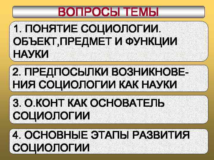 ВОПРОСЫ ТЕМЫ 1. ПОНЯТИЕ СОЦИОЛОГИИ. ОБЪЕКТ, ПРЕДМЕТ И ФУНКЦИИ НАУКИ 2. ПРЕДПОСЫЛКИ ВОЗНИКНОВЕНИЯ СОЦИОЛОГИИ