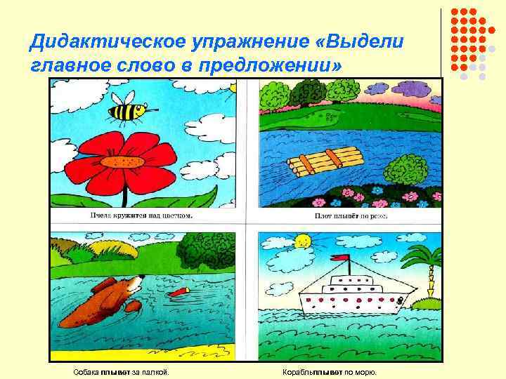 Дидактическое упражнение «Выдели главное слово в предложении» Собака плывет за палкой. Корабльплывет по морю.