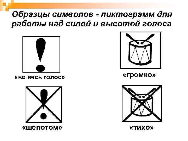 Образцы символов - пиктограмм для работы над силой и высотой голоса «во весь голос»