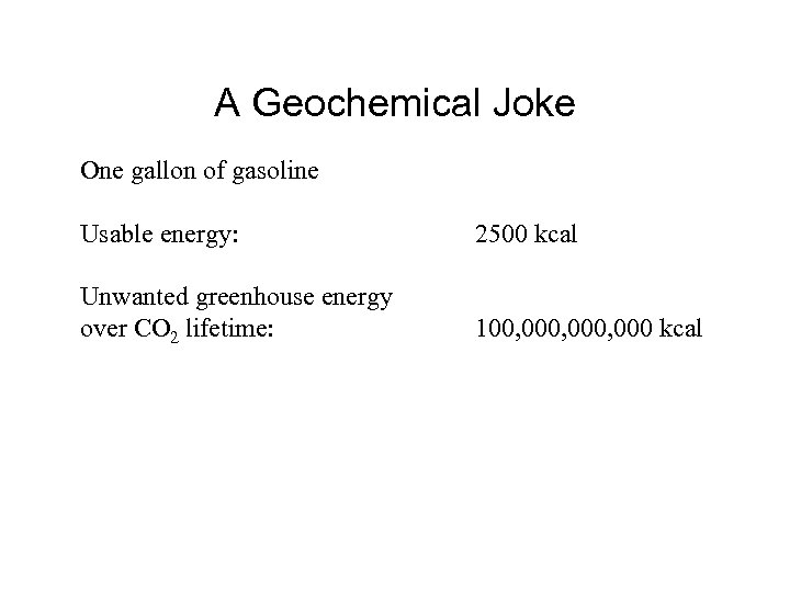 A Geochemical Joke One gallon of gasoline Usable energy: 2500 kcal Unwanted greenhouse energy