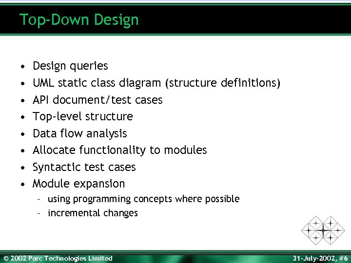 Top-Down Design • • Design queries UML static class diagram (structure definitions) API document/test