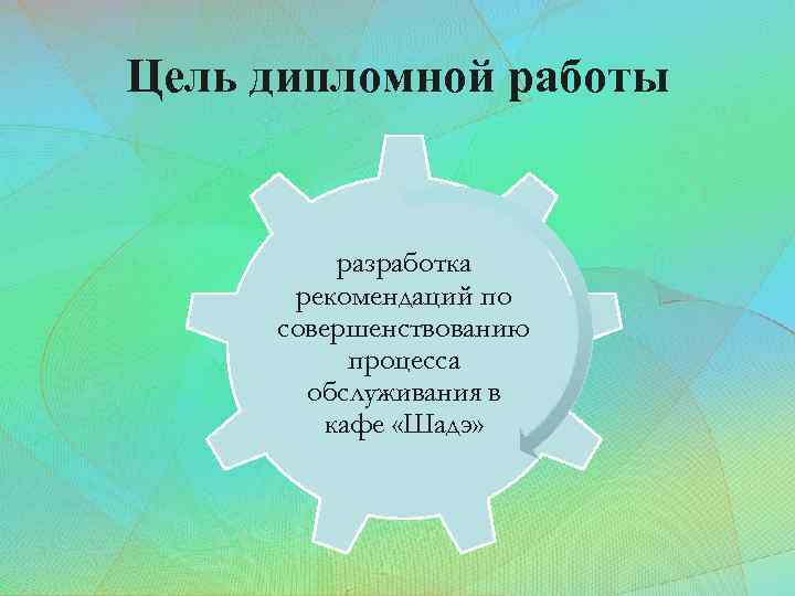 Цель дипломной работы разработка рекомендаций по совершенствованию процесса обслуживания в кафе «Шадэ» 