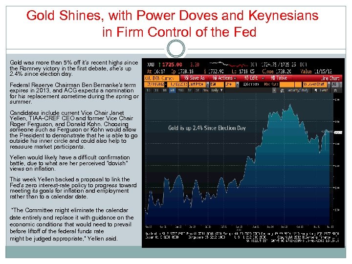 Gold Shines, with Power Doves and Keynesians in Firm Control of the Fed Gold