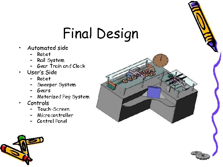 Final Design • Automated side • User’s Side • Controls – Robot – Rail