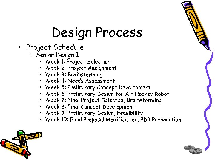 Design Process • Project Schedule – Senior Design I • • • Week 1: