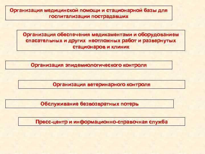 Организация медицинской помощи и стационарной базы для госпитализации пострадавших Организация обеспечения медикаментами и оборудованием