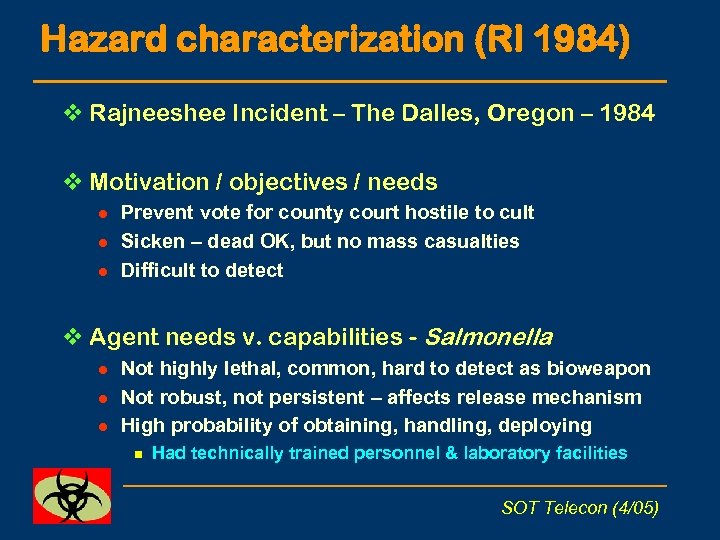 Hazard characterization (RI 1984) v Rajneeshee Incident – The Dalles, Oregon – 1984 v