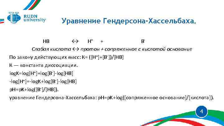 Уравнение Гендерсона-Хассельбаха. НВ ↔ Н+ ВСлабая кислота ↔ протон + сопряженное с кислотой основание