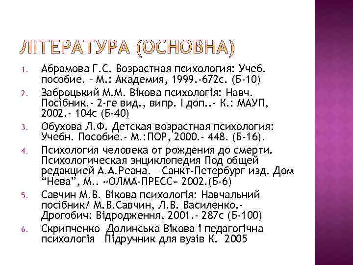 1. 2. 3. 4. 5. 6. Абрамова Г. С. Возрастная психология: Учеб. пособие. –