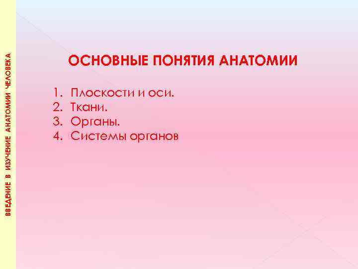 ВВЕДЕНИЕ В ИЗУЧЕНИЕ АНАТОМИИ ЧЕЛОВЕКА ОСНОВНЫЕ ПОНЯТИЯ АНАТОМИИ 1. 2. 3. 4. Плоскости и