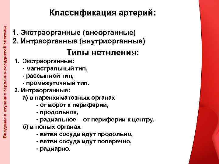 Введение в изучение сердечно-сосудистой системы Классификация артерий: 1. Экстраорганные (внеорганные) 2. Интраорганные (внутриорганные) Типы