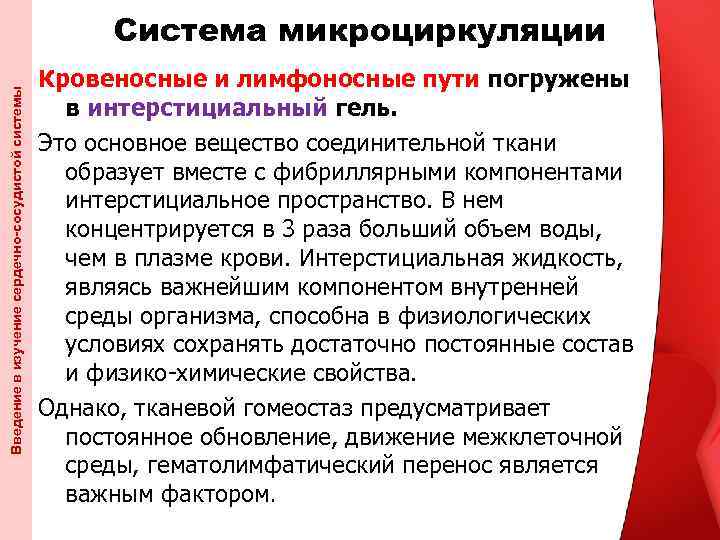 Введение в изучение сердечно-сосудистой системы Система микроциркуляции Кровеносные и лимфоносные пути погружены в интерстициальный