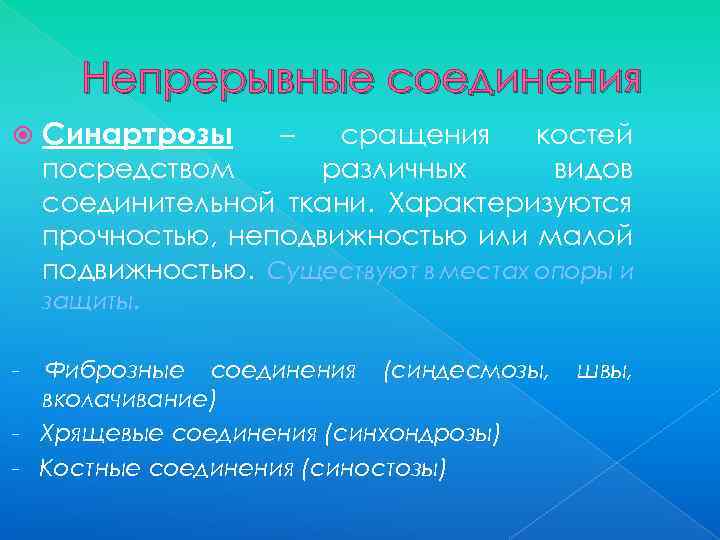 Непрерывные соединения Синартрозы – сращения костей посредством различных видов соединительной ткани. Характеризуются прочностью, неподвижностью