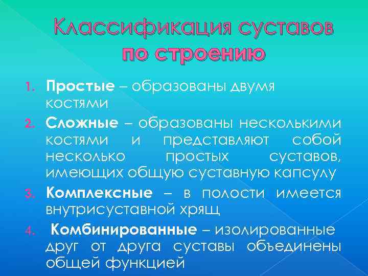 Классификация суставов по строению Простые – образованы двумя костями 2. Сложные – образованы несколькими