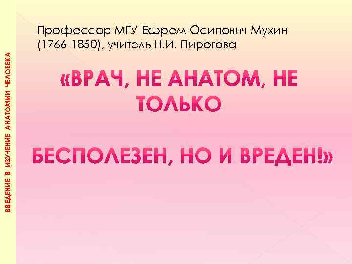 ВВЕДЕНИЕ В ИЗУЧЕНИЕ АНАТОМИИ ЧЕЛОВЕКА Профессор МГУ Ефрем Осипович Мухин (1766 -1850), учитель Н.