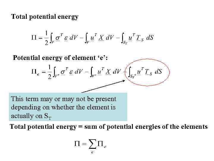 Total potential energy Potential energy of element ‘e’: This term may or may not